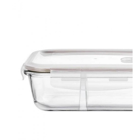 Pote 1.040ml 15,5x20,4x7cm Hermético Retangular Em Vidro Borossilicato Com Tampa E Divisória